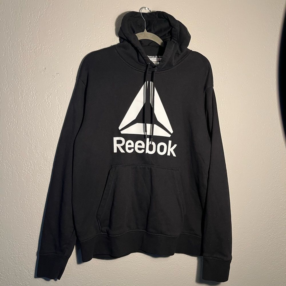 Reebok Black Pullover Hoodie Sweatshirt Large Logo Graphic SZ L Unisex Classic
